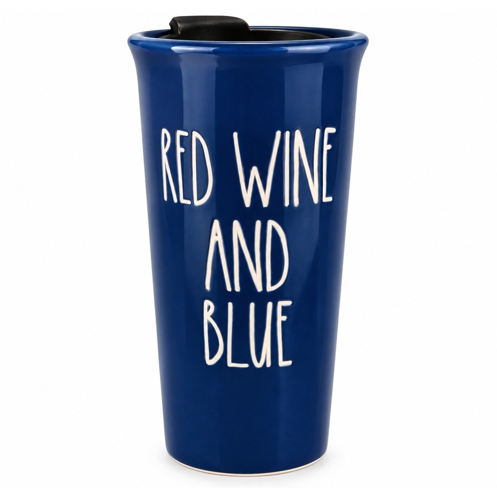 Rae Dunn Red Wine and Blue Ceramic Travel Mug Tumbler Lid Patriotic 14 Oz